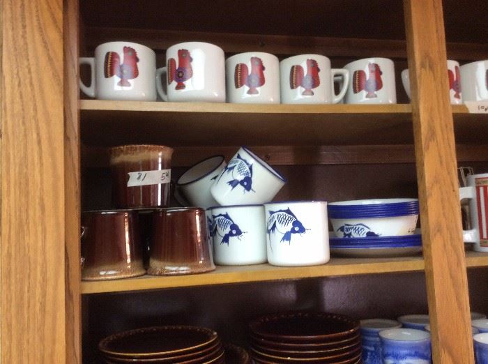 rooster mugs, fish mugs and cups