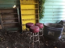WOOD CABINETS, BAR STOOLS, WATER TROUGH
