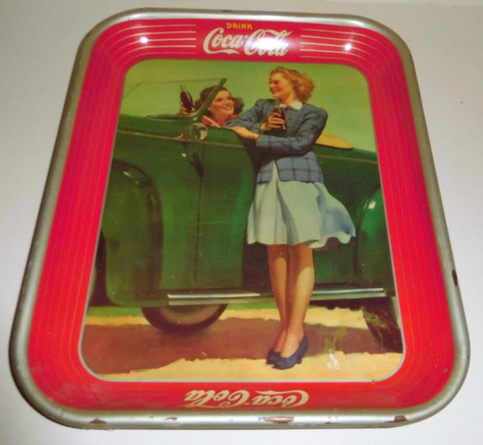 Original 1942 Two Girls with Car Coca Cola Metal Tray