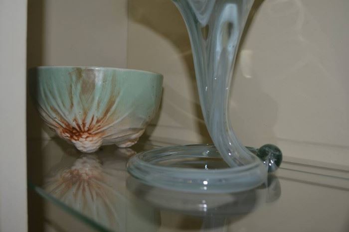 Mid-Century art glass and McCoy acorn bowl