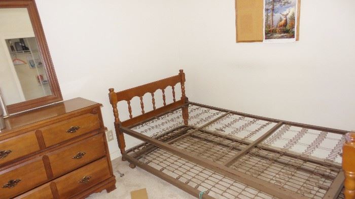 Bedroom suite: maple trundle bed, dressser & mirror, student desk 