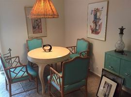 The Textured Top Card Table has Great Shaped Legs and Includes 4 Bamboo Upholstered Chairs 