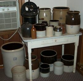 Porcelain top table, fruit press and assorted crocks & jugs