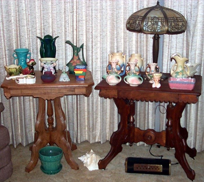 2 Victorian lamp tables, Slag glass lamp, Roseville, VanBriggle, Hull pottery and more