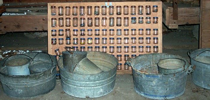 Galvanized wash tubs and buckets, hardware jar holders