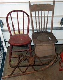 Primitive red paint bentwood chair, pressed back pottie chair and sleigh runners 