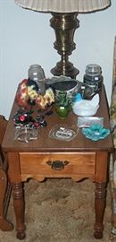 One of two Tell city maple end tables, brass lamp (1 of 2), misc. glass and pottery
