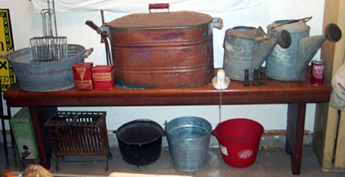 Copper boiler, galvanized watering cans, bottle capper and caps, etc...