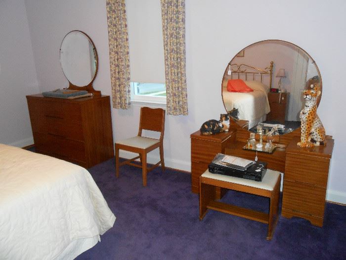Mid-mod blonde mahogany bedroom suite.  Vanity, dresser, wardrobe, chair, full bed, mattress, night stand, more.