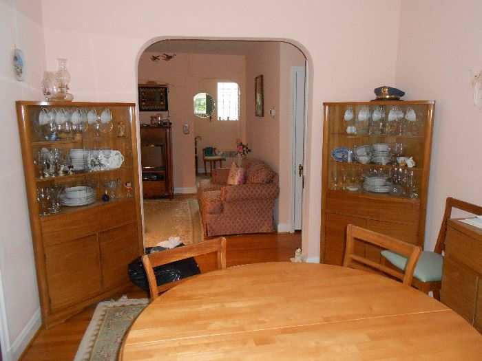 Table, chairs, corner cabinets, china, stemware, more.