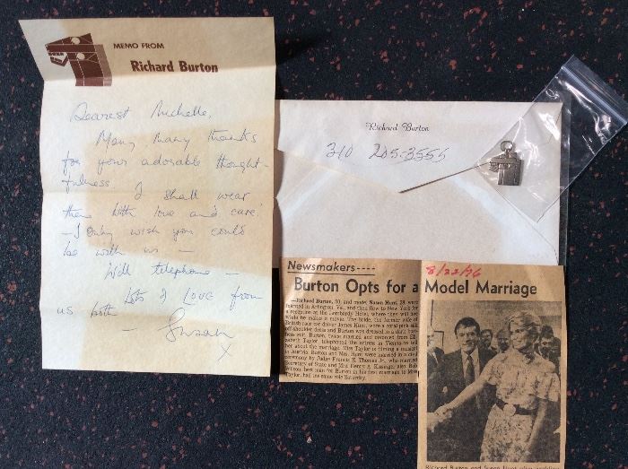 Handwritten letter from Burton’s wife, Susan Hunt, on Burton’s personal stationary, from 1976, along with an article, as well as a locket in the shape of Burton’s personal logo that is printed on his stationary to Michelle. Along with 3 Christmas cards signed by Susan.