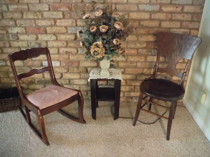 SEWING ROCKER AND WOODEN CHAIR