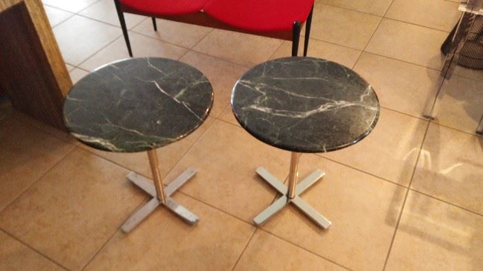 Pair mid-century modern marble and chrome side tables.