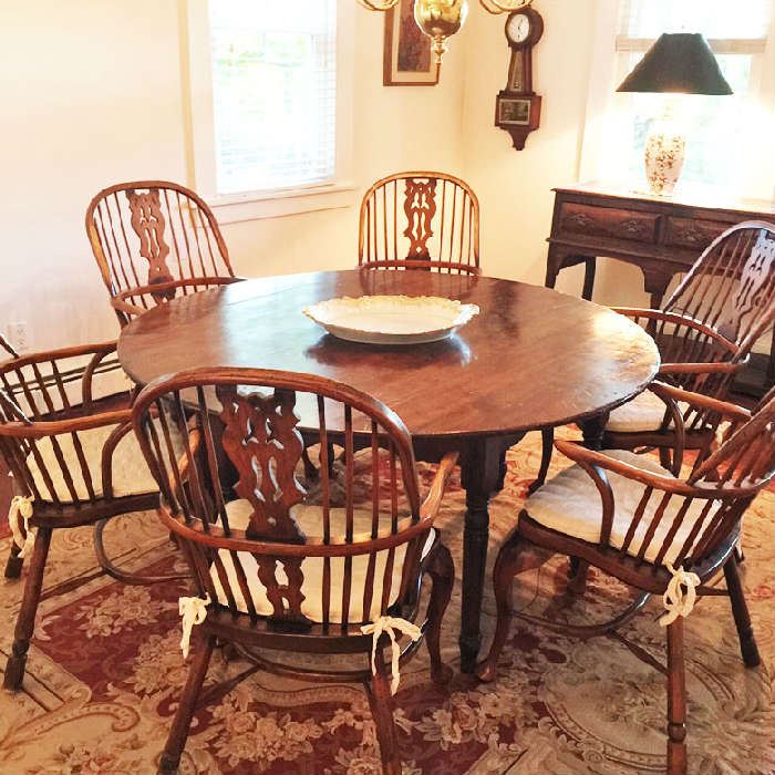 These chairs were custom made in England and are in fantastic condition -- please see the next pic to see how they look without the cushions; the antique table was bought separately and these can be sold all together or separately. 