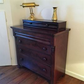 Nice old Empire dresser, excellent condition.  Brass student's lamp and brass Art Nouveau-style vase 