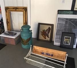 More stuff we found and have to disperse...old milk can, unusual wrought iron shelf, not unusual wooden shelf, Victorian large frame