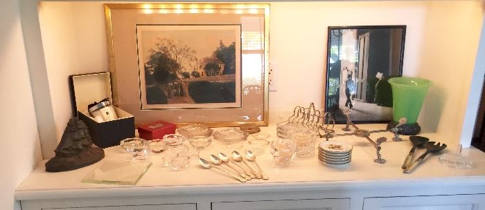 Many dining room items, including Cartier salts, toast rack, crystal salt/pepper, Jadeite glass vase, antique silverplated trivet, etc. etc.  