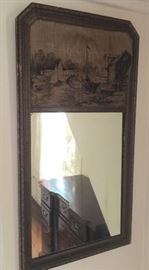 Old mirror with fabric insert at top which can be changed. 