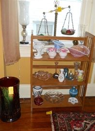 Fenton glass, brass scales w/marble base, pottery umbrella stand, etc.