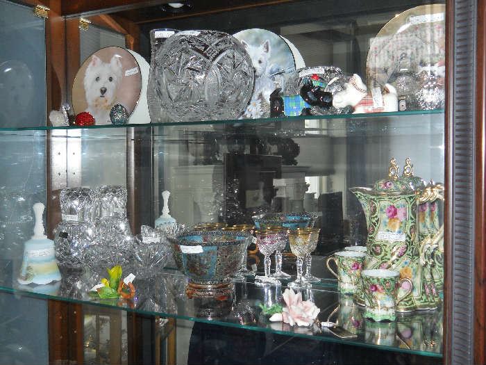 collector plates, hinged decorative boxes, dog kissing salt & pepper shakers, cut glass, Nippon, Capodimonte, Champleve' bowl, etc.
