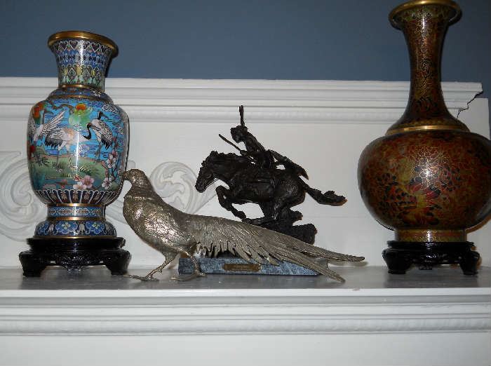 cloisonné vases, bronze Indian on horse, pheasant