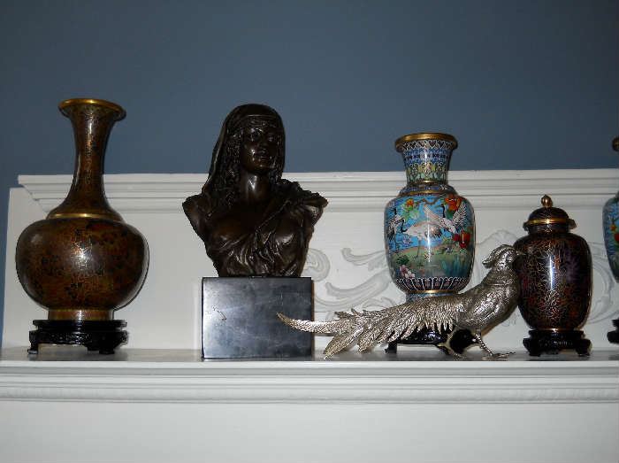 Cloisonné vases & urn, bronze bust, pheasant