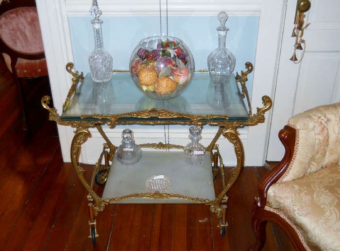 ornate brass tea/serving cart, decanters, etc.