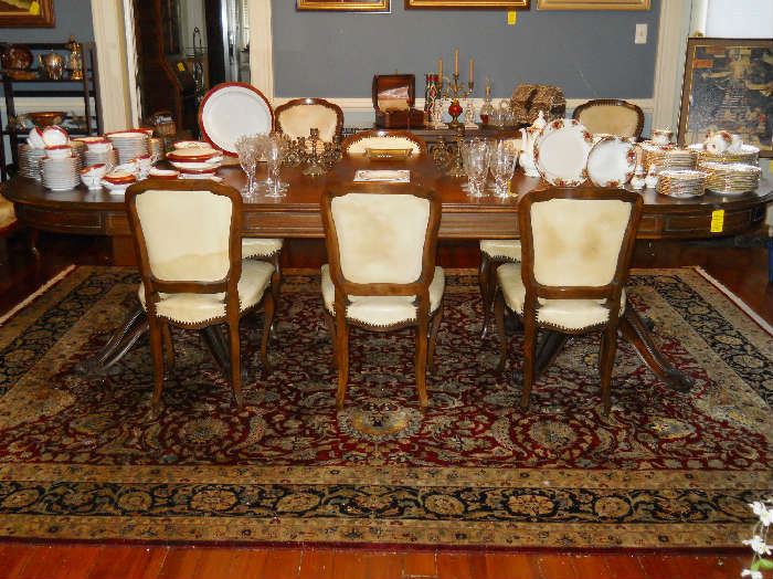 banquet/conference table, Tabriz pattern room size rug, 8 French style chairs, Noritake "Goldmere" and Royal Albert "Old Country Roses" dinnerware, etc.