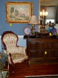 Victorian style gentleman's chair, gold framed original art, Cloisonné lamp, plate, bowls, etc.