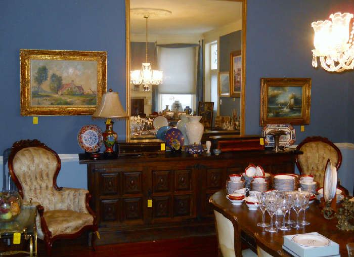 large gold framed mirror, cylinder music boxes, Lenox, Cloisonné, Victorian style lady's chair, large old country server w/silverware drawers, etc.
