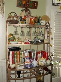 metal Baker's rack, cookbooks, teapots, glassware, etc.