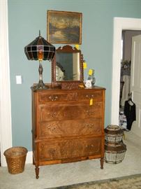 chest of drawers, dresser mirror, lamp, framed original art, etc.