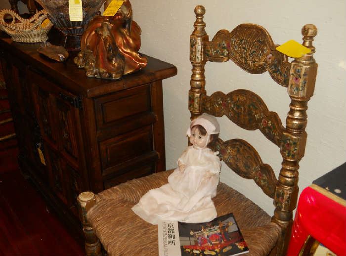vintage doll, rush bottom chair, etc.