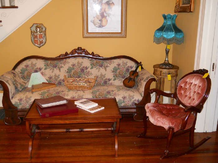 sofa, musical instrument, music box violin, coffee table, round table w/1 drawer, Victorian style rocker, etc.