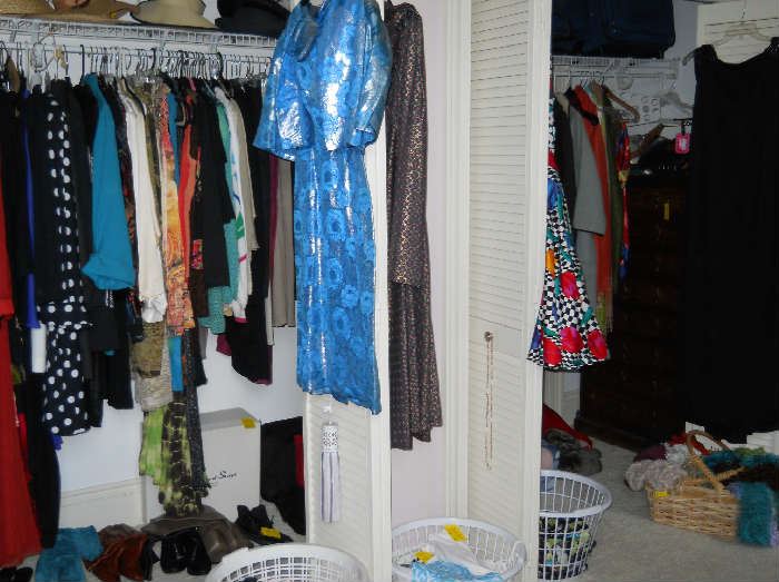 closet full of vintage and designer clothing, shoes, purses, scarves, lingerie chest, etc.