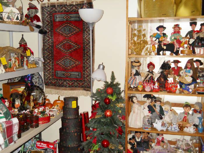 doll collection, prayer rug, holiday items