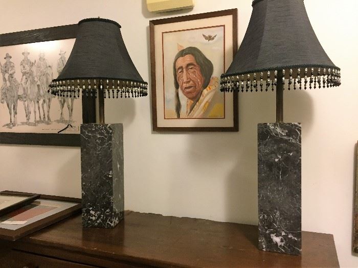 Mid Century Italian Black Mable Lamps. Possibly by Walter Van Nessen. 