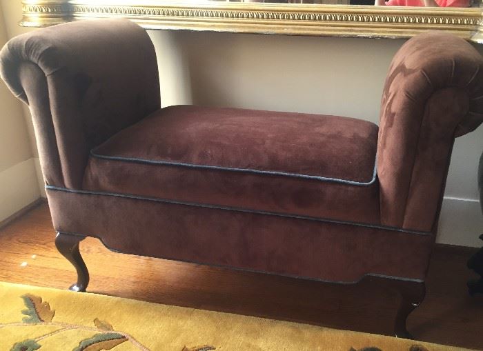 Brown velveteen upholstered settee...sunlight through transom makes it seem faded...it is NOT!
