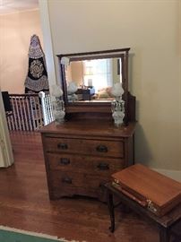 Oak chest with lovely inlaid design and beveled mirror