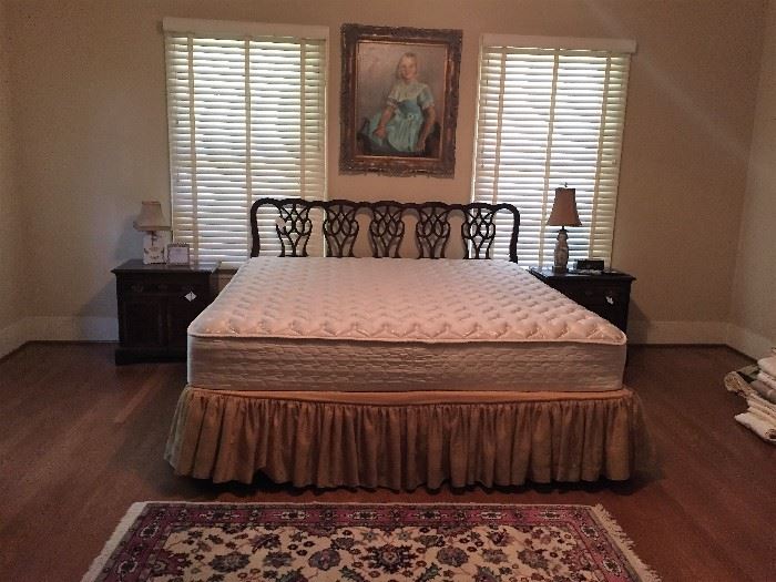 King sized bed - mattress and box springs are in EXCELLENT condition.  Chippendale headboard.