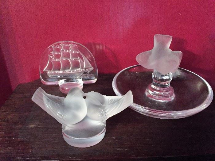  Lalique Dove ring holder.  Lalique Lovebirds Paperweight, Lalique Clipper Ship Paperweight. 
