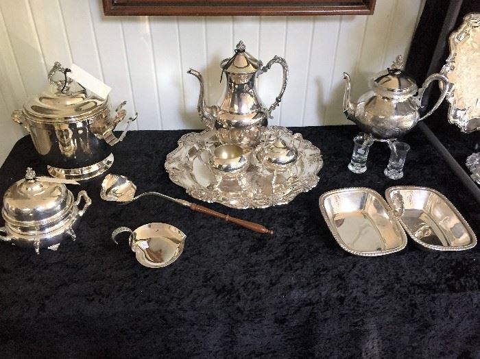 Silver plated Tea Set, Ice Bucket, and serving pieces
