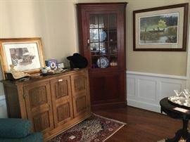  Mahogany corner cabinet, oak sideboard. 