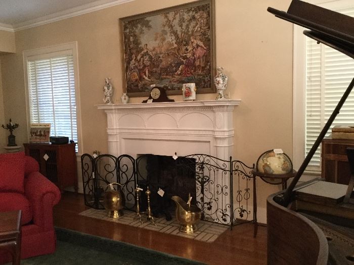  Fireplace screens, brass cold scuttles, brass and iron fire dogs 