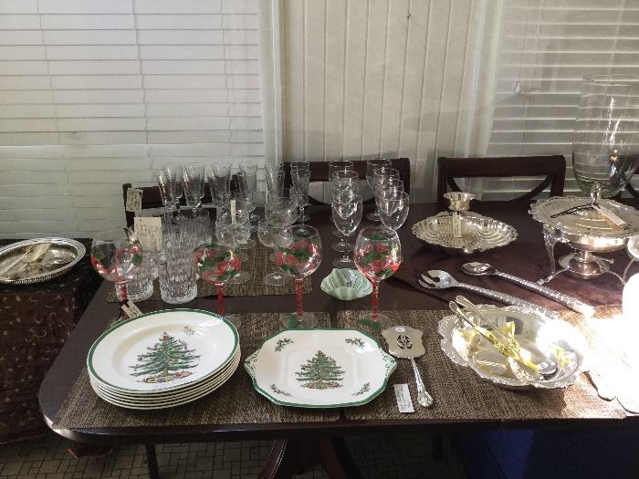 Spode Christmas plates and cake plate.  Crystal wine goblets, champagne goblets, and whiskey highball glasses.  Some still with tags. 