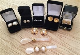 14K French back Mabe pearl oval, 14K pearl and ballerina set diamond pierced, 18K sapphire and diamond pierced, Chanel signature clip, 14K pierced, 14K  Pearl and semiprecious clips,  14 carat sapphire clips,  14K Mabe clips 