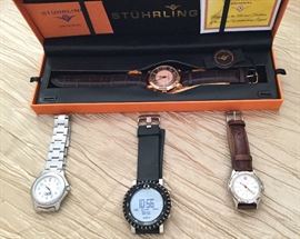 Stuhrling (top) New inbox. Swiss Army 330 ft water resistant.  Suunto Core wrist top computer watch with altimeter, compass, barometer, and depth meter. Designed in Finland.  Wenger  Swiss made 100 feet water resistant.  All in excellent  working condition. 