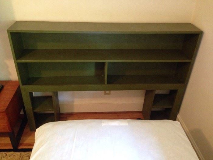 Green Painted Twin or Double Bookcase Headboard & Frame w/ Complimentary Twin Mattresses - 1 of 2 - Bookcase Headboard Detail
