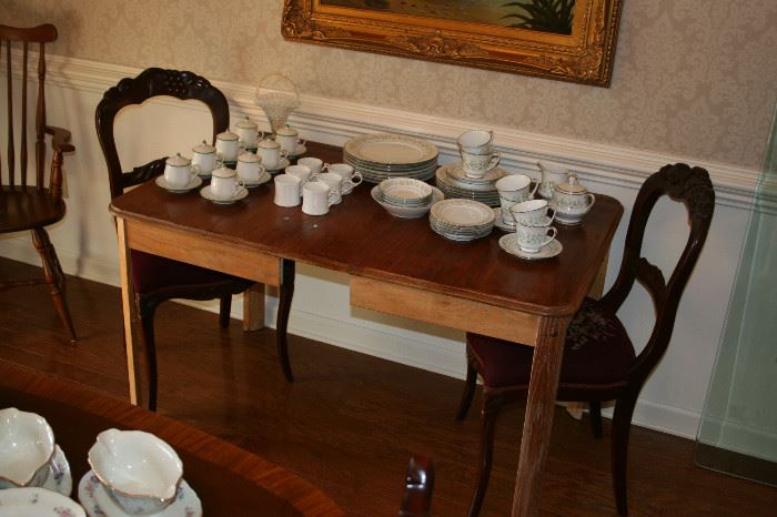 Vintage oak table, 2 of 4 carved chairs with needlepoint cushions, Noritake  china set, Pots de Creme sets