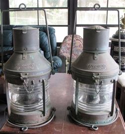 Huge Vintage Copper & Brass Anchor Ships Lantern from the 1950s. $1400/pair

In good used vintage condition. 
Measures 28 1/2 inches tall with the brass handles by 19 inches tall for the lantern by 11 inches wide. Glass is in excellent shape. Has oil burner with chimney. Very nice large size. All brass & copper. Very heavy and quality made. Nice older piece. Very hard to find size.
weighs in at 17# each 
